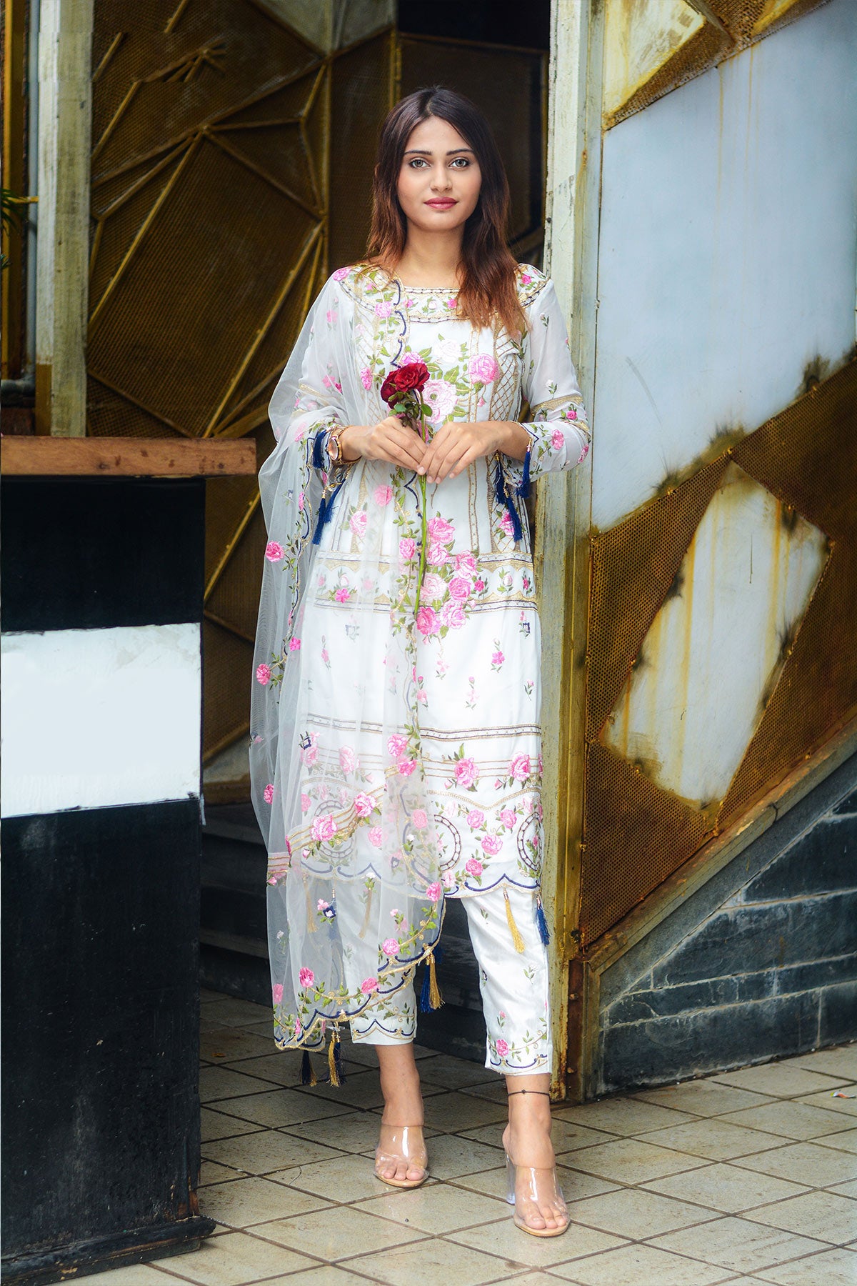 White embroidered full sleeve georgette anarkali, contrast kaleidoscopic  colour dupatta printed with intricate designs